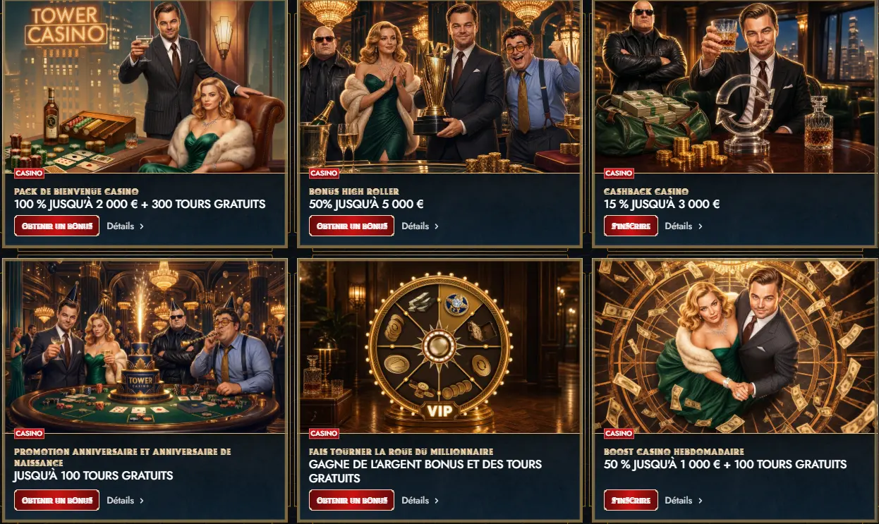 Promotions Tower Casino — pack de bienvenue, cashback VIP et campagnes récurrentes